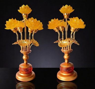 Đèn 5 bông sen lưu ly ( nhỏ ) thân hổ phách